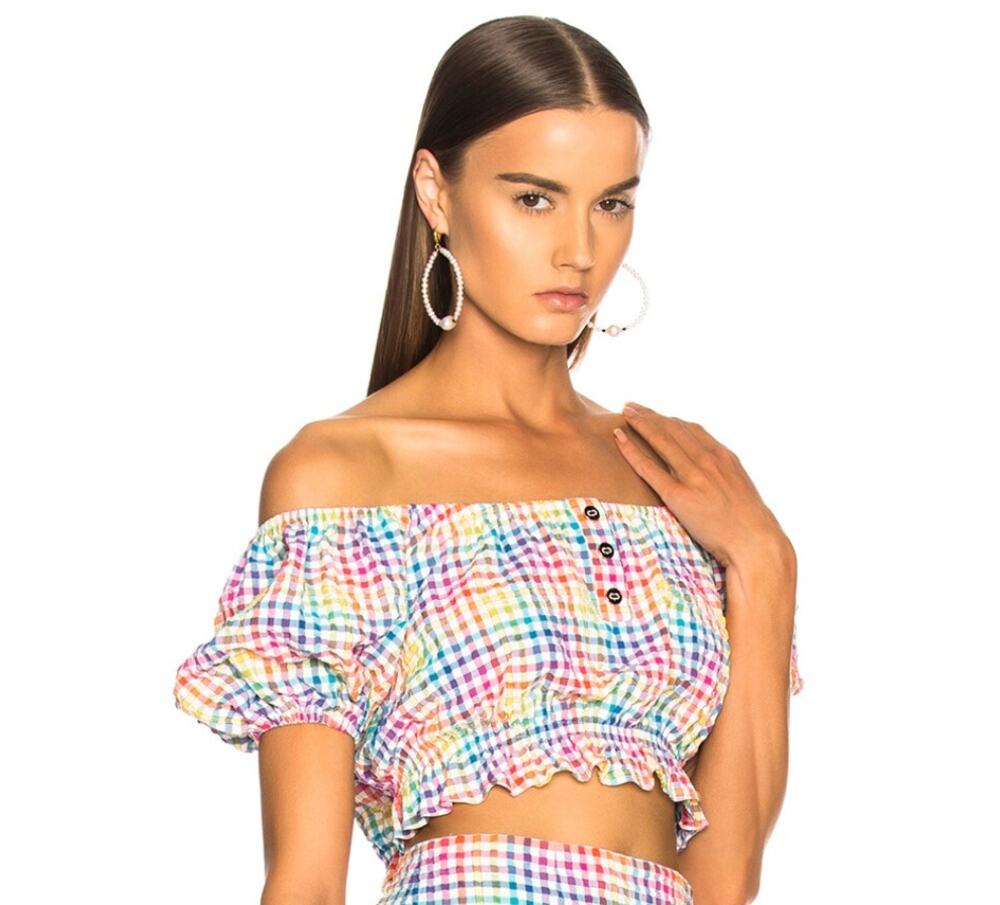 Caroline Constas Bardot Rainbow Grid Gingham Crop Puff Sleeve Top Size XS